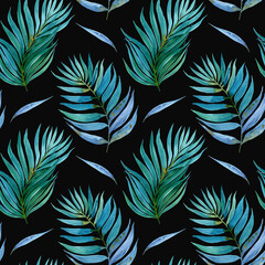 Watercolour tropical tree palm leaves illustration seamless pattern. On dark background. Hand-painted. Floral elements, jungle leaves.