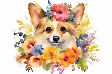 Watercolor chihuahua puppy with colorful flowers. 