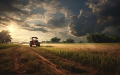 Tractor on the field for agriculture. Generative AI.