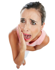 Horror, face of fear and woman screaming for scary, anxiety or shout of surprise on transparent, isolated or png background. Stress, shock and person with scared expression, reaction or danger
