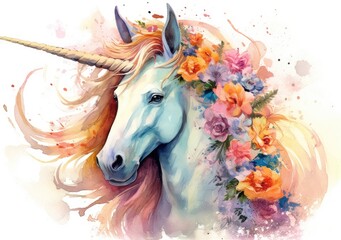 Obraz na płótnie Canvas Watercolor painting unicorn with flowers. Generative AI.