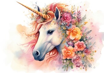 Obraz na płótnie Canvas Watercolor painting unicorn with flowers. Generative AI.