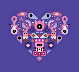 Heart shape design includes many abstract different objects and elements isolated on a bright blue background, flat style vector graphic artwork.