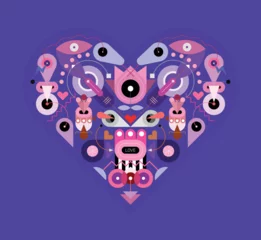 Poster Heart shape design includes many abstract different objects and elements isolated on a bright blue background, flat style vector graphic artwork. ©  danjazzia