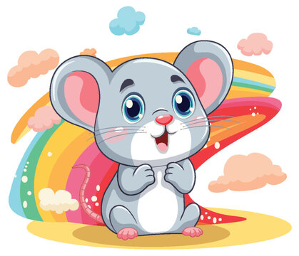 Cute rat cartoon character with rainbow isolated