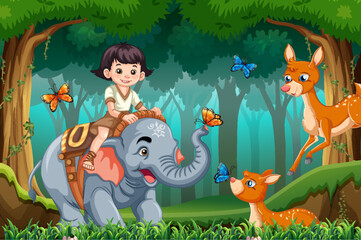 A Girl Riding Elephant in the Jungle