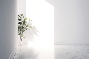 Empty white wall with a plant under the strong sunlight for design use. Generative AI. 