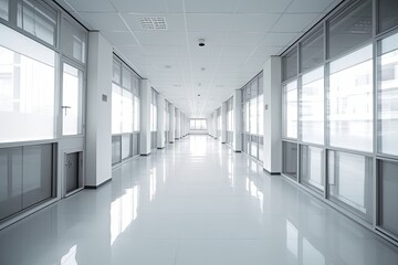 Empty corridor in a modern clean building. Generative AI.