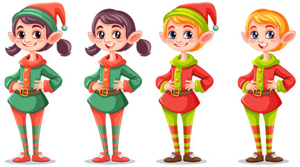 Set of cartoon character in Christmas elf outfit