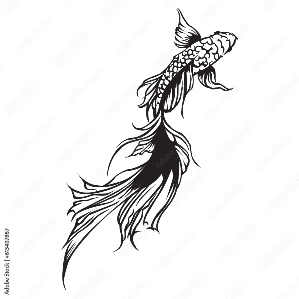 Wall mural vertical black and white fish tribal isolated on white background, doodle art, tattoo art