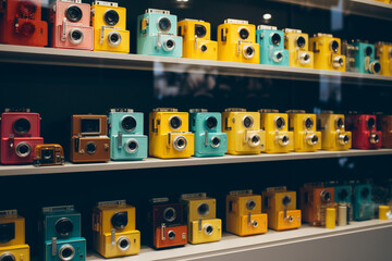 colorful array of point-and-shoot cameras arranged Ai Generative Art