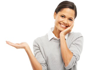 Business woman, face and hand offer isolated on transparent png background, beauty choice or presentation. Happy portrait of skincare person or model with palm sign for giving or help in dermatology