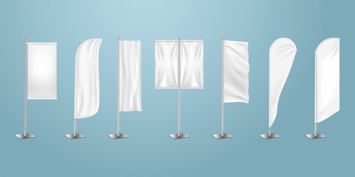 Wind beach flag, banner mockup. Blank steel stand with white textile different forms advertising backdrop, bowflag or display for outside. Branding template. Vector realistic 3d illustration