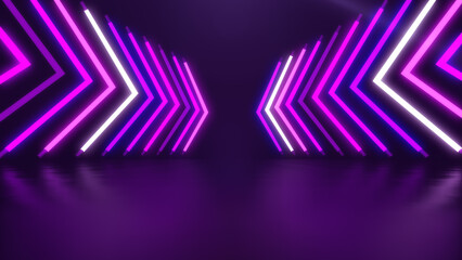 Neon lights arrow shape on stage show elegant abstract background.