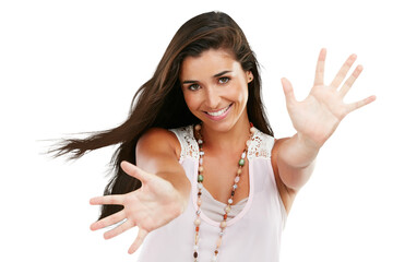 Fashion, surprise and portrait of woman with hands on png, isolated and transparent background....