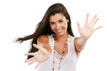 Fashion, surprise and portrait of woman with hands on png, isolated and transparent background. Stretching arms, confidence and happy female person with gesture for promotion, deal and branding