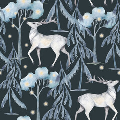 Seamless watercolor pattern with the image of a white deer walking between the trees. Print on a dark background.