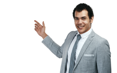 Presentation, portrait and business man, presenter or speaker isolated on transparent png background. Show news, proposal or pitch of corporate worker, speaker or latino person in suit for job ideas