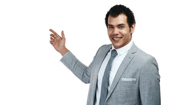 Presentation, portrait and business man, presenter or speaker isolated on transparent png background. Show news, proposal or pitch of corporate worker, speaker or latino person in suit for job ideas