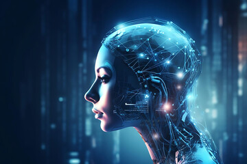 Artificial Intelligence concept, female AI contemplating the future of humans