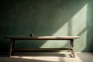 An empty table with sunlight from the side, green wall, khaki table