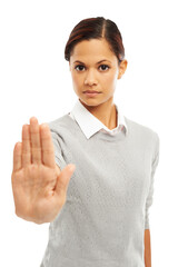 Serious woman, portrait and hand in protest for stop or halt isolated on a transparent PNG...