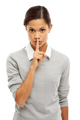 Secret, privacy and confidential, woman with finger on lips in portrait and silence emoji isolated...