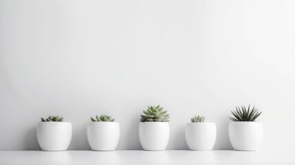 A simple and clean composition of several succulent plants positioned on a white background, creating a modern and minimalistic aesthetic with large negative space. Generative AI. 