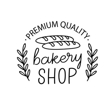 Bakery shop. Vector vintage logo word. Design typography, logo, badge, label, icon. Hand drawn calligraphy text. Typography bakery logo. Signboard simple icon bakery. Black and white illustration.