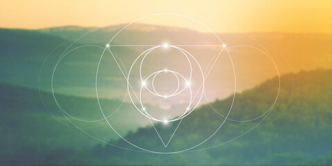 Sacred geometry spiritual new age futuristic illustration with transmutation interlocking circles, triangles and glowing particles - obrazy, fototapety, plakaty