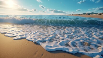 Macro shot of waves chrusing at a tropical beach in the sunset