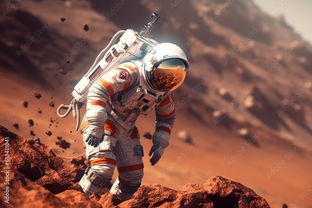 Poster astronau exploring the surface of planet mars