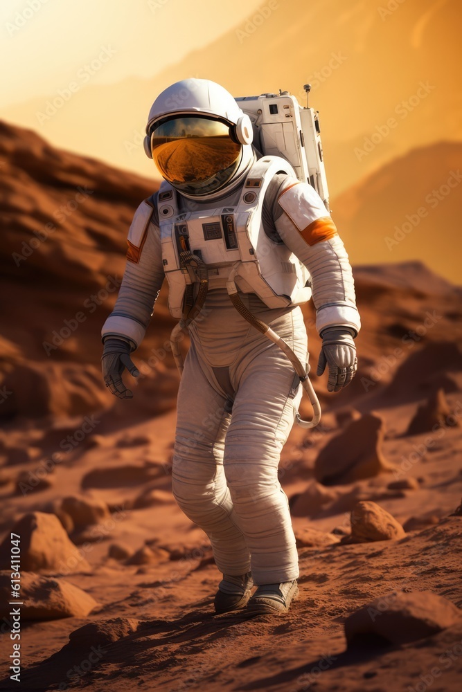 Sticker astronau exploring the surface of planet mars