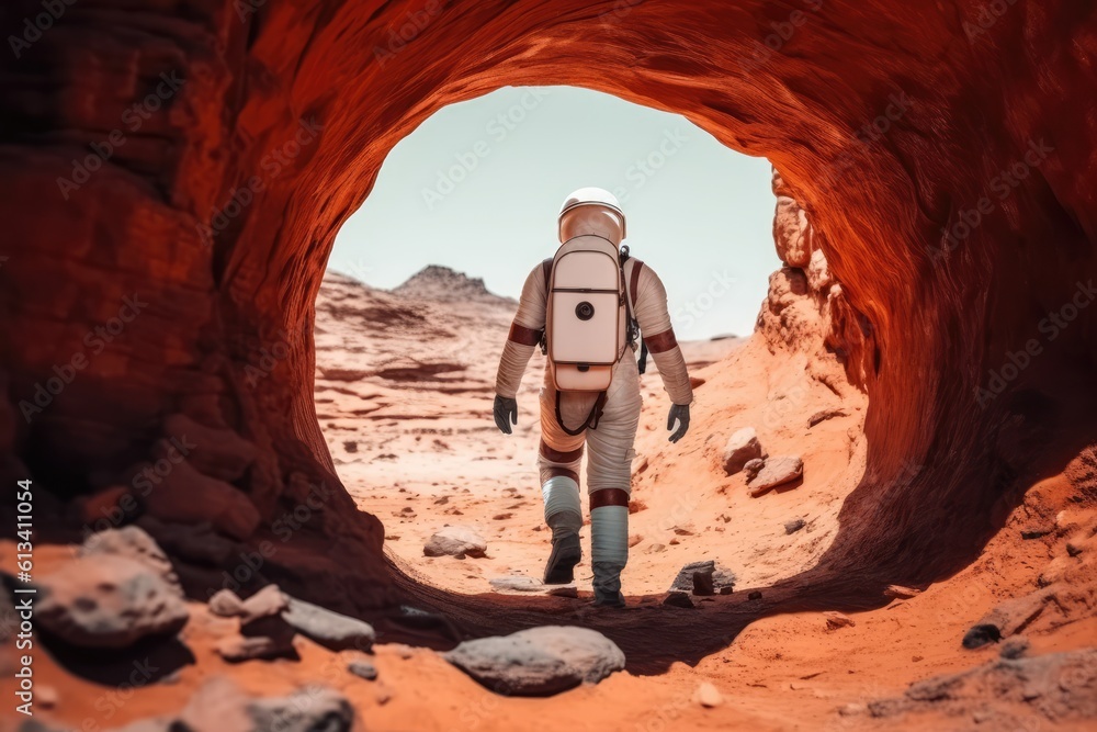 Sticker astronau exploring the surface of planet mars