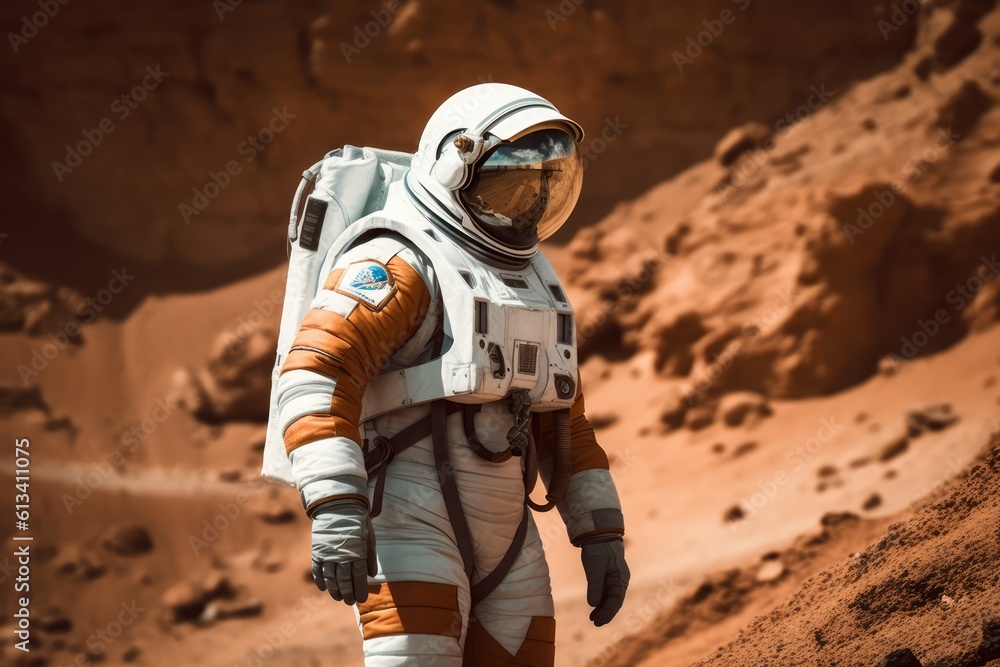 Sticker astronau exploring the surface of planet mars