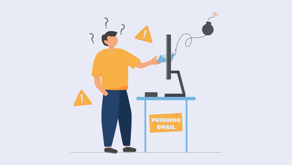 Cyber Crime Concept, Young Adult Man Confused to Receive Email, Phishing Scam Email with Bomb Fishing Hook, Vector Flat Illustration