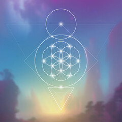 Flower of life. Tree of life. Sacred geometry spiritual new age futuristic illustration with transmutation interlocking circles, triangles and glowing particles