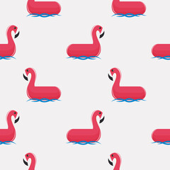 Pink cartoon flamingo floats on sea waves or pool in summer. Seamless summer cute pattern for textile. Vector.