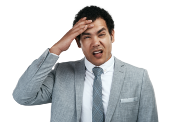 Stress, confused and portrait of businessman with headache or pain isolated in a transparent or png background. Fail, mistake and entrepreneur or worker with debt problem and frustrated by trouble