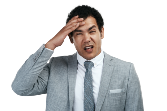 Stress, confused and portrait of businessman with headache or pain isolated in a transparent or png background. Fail, mistake and entrepreneur or worker with debt problem and frustrated by trouble