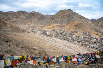 The beautiful views of  Old Leh city and Stok Kangri,Ladakh mountain ranges from Namgyal Tsemo Monastery or Namgyal Tsemo Gompa - obrazy, fototapety, plakaty