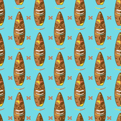 Seamless cartoon surfboards with totem. Bright prints for summer clothes.