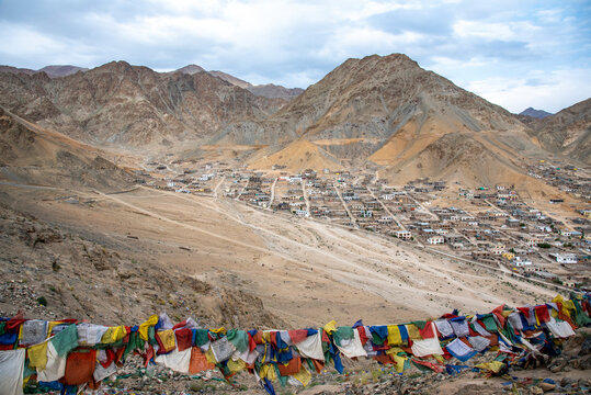 The beautiful views of  Old Leh city and Stok Kangri,Ladakh mountain ranges from Namgyal Tsemo Monastery or Namgyal Tsemo Gompa