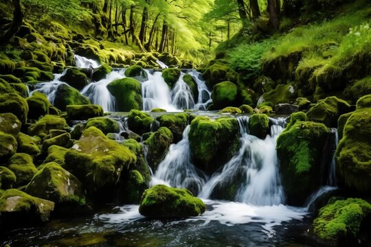 Waterfall Landscape with Moss-Covered Rocks - Serene Cascades and Natural Beauty, Generative AI