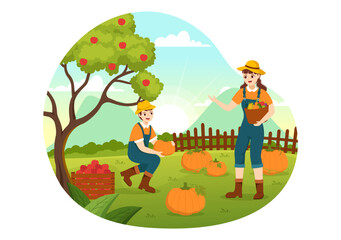 Fototapeta premium Harvest Season Vector Illustration with Autumn of Pumpkins and Seasonal Agricultural on a Farm in Flat Cartoon Hand Drawn Background Templates