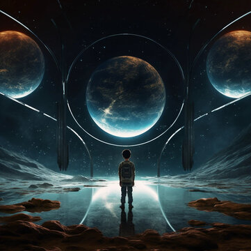 Concept Art Depicting a Young Boy Learning About Astronomy Generative AI