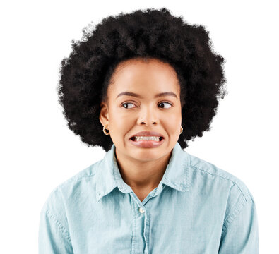 Woman, afro and oops fail face in studio with comic expression for fear from problem. young, african female student with mistake, accident or bad decision isolated on a transparent, png background