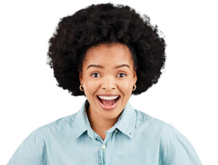 Wow, portrait and happy black woman surprised on isolated, transparent or png background. Omg, face...