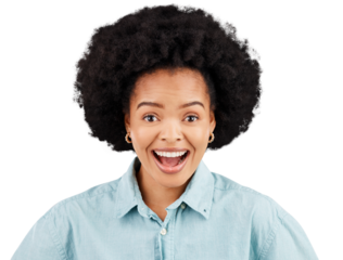 Wow, portrait and happy black woman surprised on isolated, transparent or png background. Omg, face and African female with open mouth emoji, smile or shock for news, announcement or sales promotion