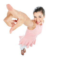 Excited, woman and pointing up in portrait and presentation, advertising and direction isolated on...